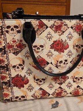 "Mournaire" - Black Interior - Leather Handbag Skull Red And White